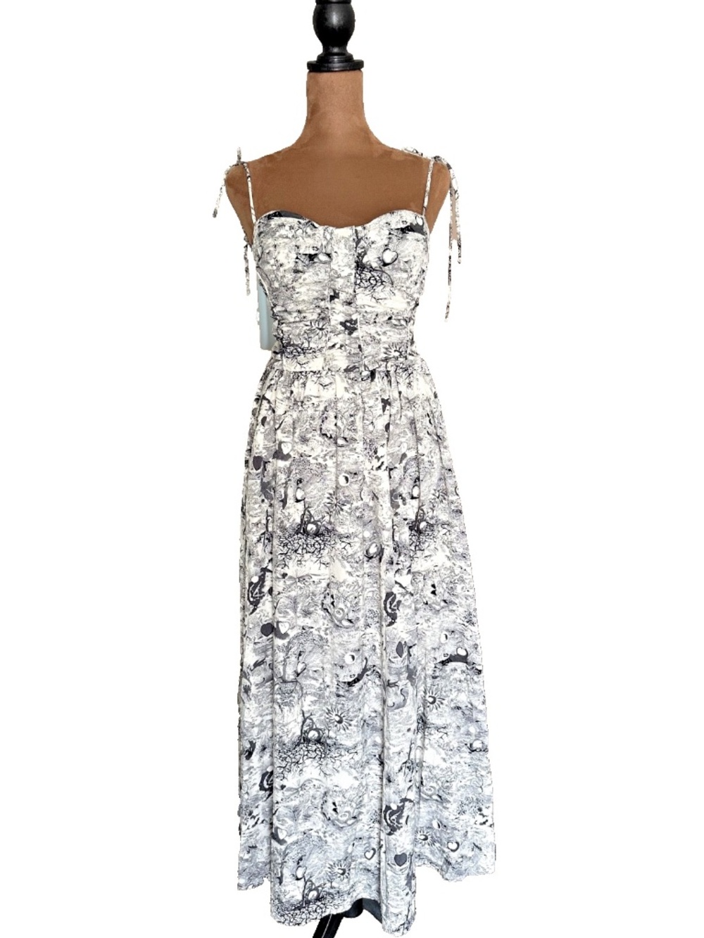 Women's Monochrome Toile de Jouy Maxi Dress Sweetheart Tie Strap Size S-M